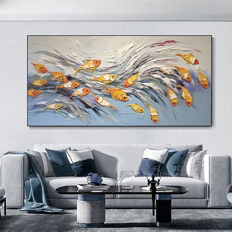 Handmade Oil Painting Canvas Wall Art Decoration Modern Abstract Happy Fish for Living Room Home Decor Stretched Frame Hanging Painting/Rolled Frameless Unstretched Painting3