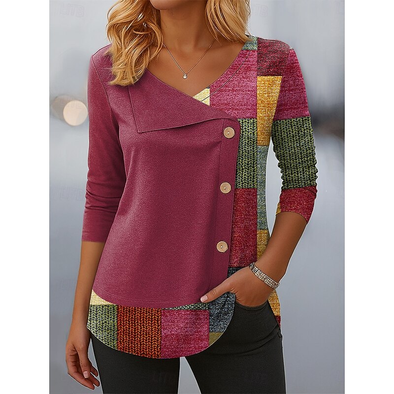 Women's Blouse Tunic V Neck Long Sleeve Buttons Graphic Geometric Stylish Modern Casual Regular Tops Daily Patchwork Print Black Pink Red Blue Spring Fall Winter4