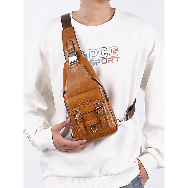 Men's Vintage Faux Leather Sling Bag – Multi-Pocket Crossbody Chest Pack for Casual, Travel and Outdoor Activities2