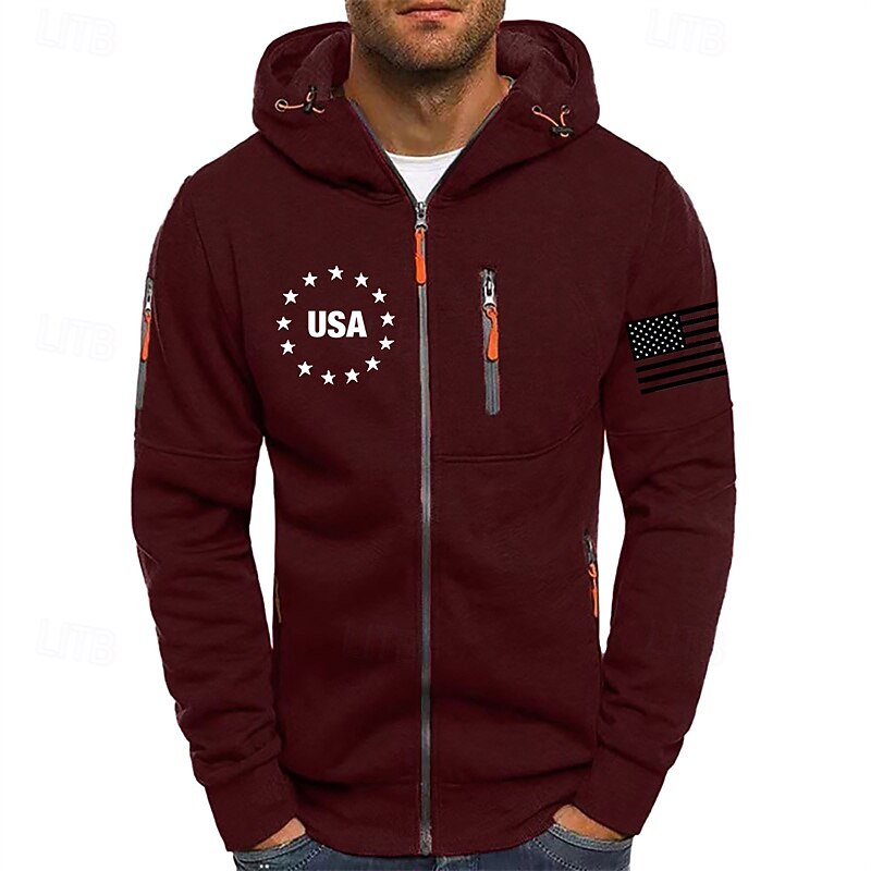 Men's Hoodie Full Zip Hoodie Wine Army Green Blue Green Khaki Hooded National Flag Sports & Outdoor Daily Holiday Polyester Streetwear Basic Casual Spring Autumn / Fall Clothing Apparel Hoodies2