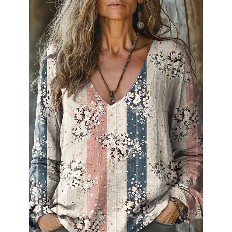 Women's Blouse Floral Bohemia Daily Long Sleeve V Neck Regular Tops Daily Holiday Print White Pink Dusty Rose Blue Purple Summer Spring Fall