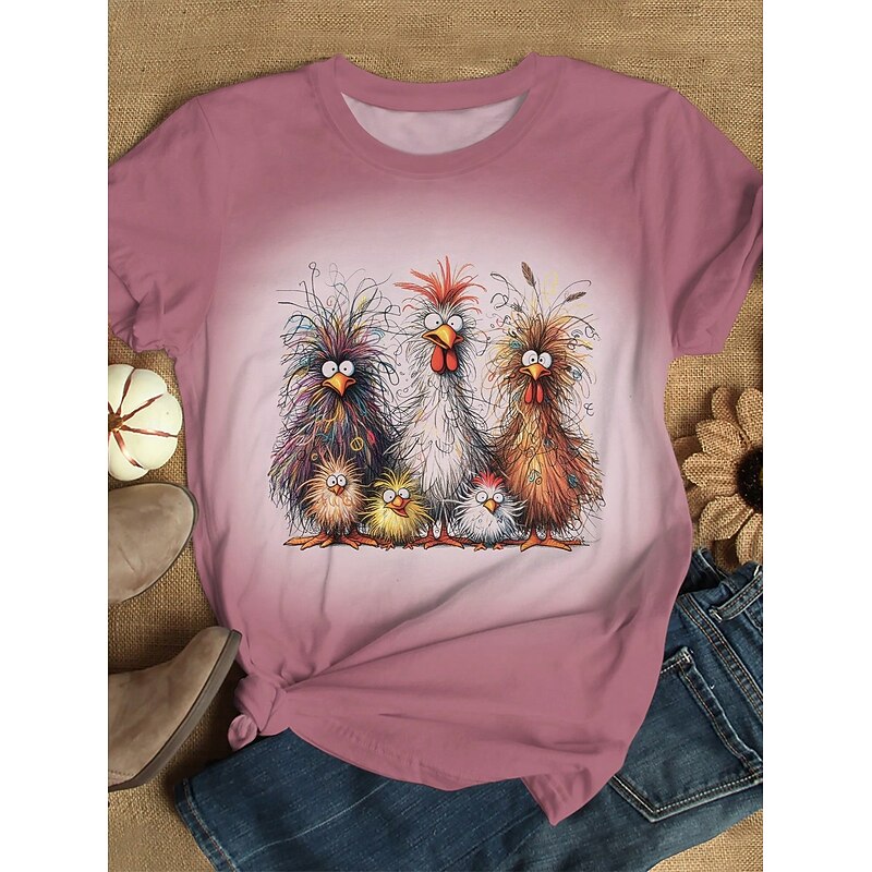 Women's T Shirt Ombre Graphic Rooster Vintage Stylish Classic Short Sleeve Crew Neck Regular Tops Daily Weekend Print Pink Blue Green Khaki Summer Spring3