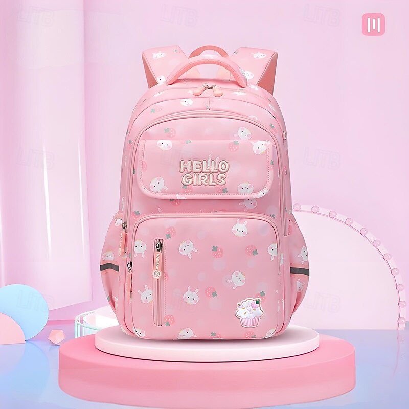 Girls' Pink Cartoon Backpack – Cute Waterproof School Bag with Bunny and Strawberry Print for Elementary Students