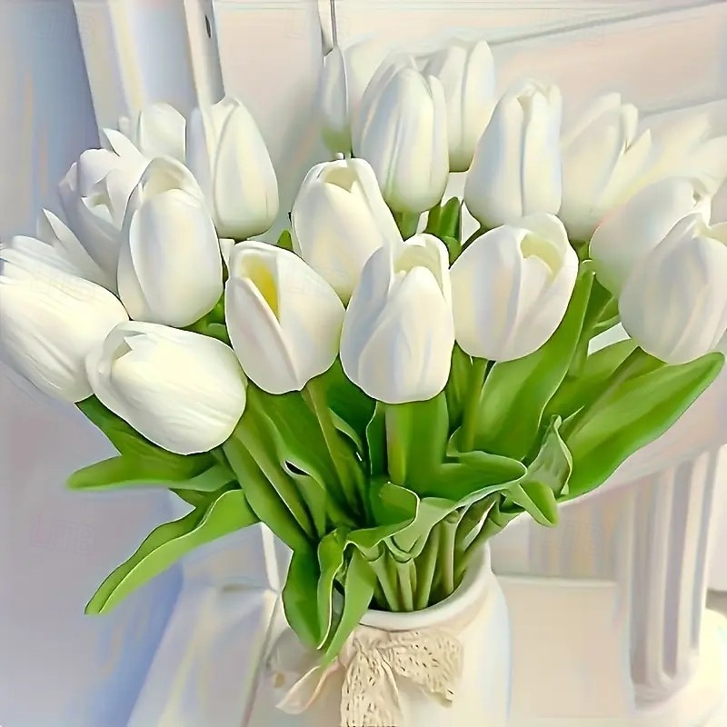 10pcs Realistic White Tulip Artificial Flowers with Lush Green Leaves – Durable PU Material for Weddings, Engagements, and Home Decor – Battery-Free Wedding Floral Arrangement2