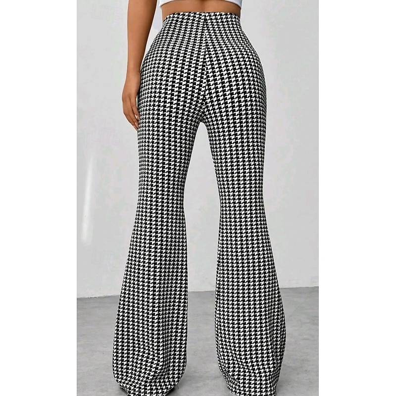 Women's Asian Size Flared Pants Streetwear Casual / Sporty Full Length High Rise Grid / Plaid High Cut Outdoor Micro-elastic Street Casual Daily Black and White Spring, Fall, Winter, Summer2