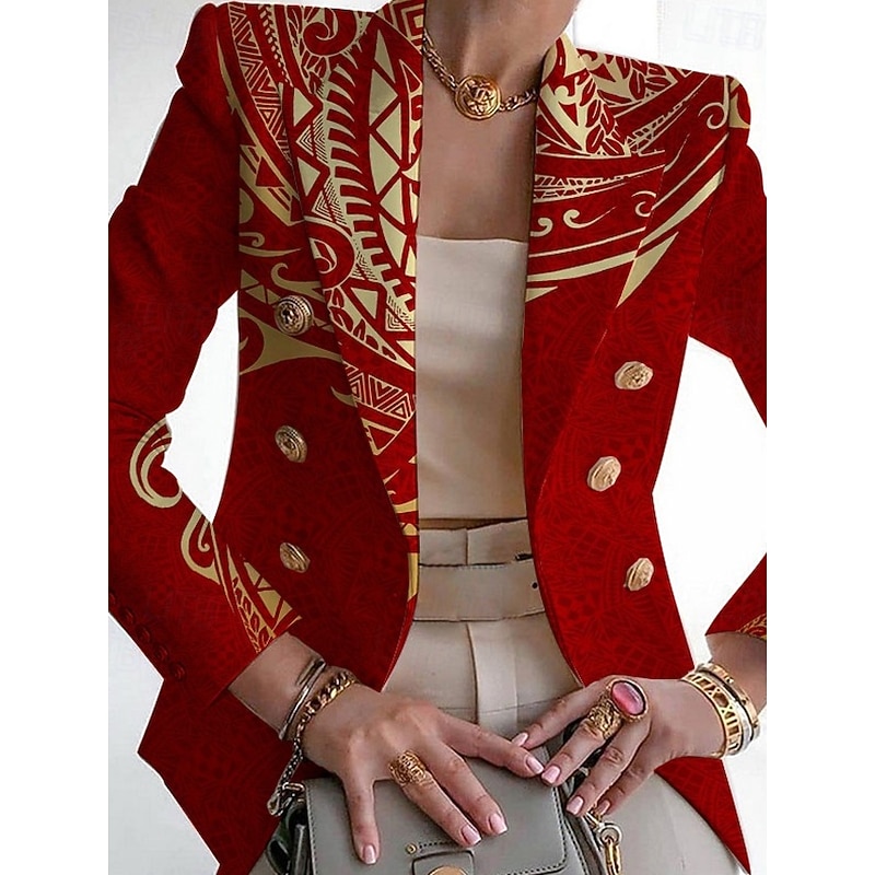 Women's Blazer Comfortable Breathable Pocket Print Fashion Casual Geometric Office Street Casual Daily Wear Double Breasted Regular Turndown Slim Long Sleeve Outerwear Black White Red Summer Spring3