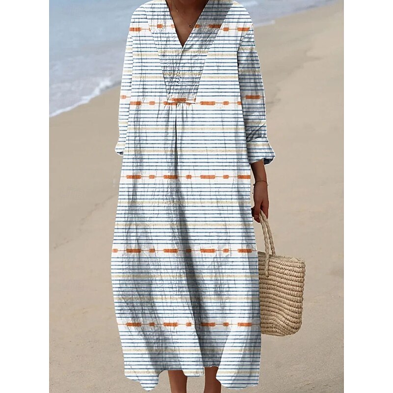 Women's Midi Dress V Neck Long Sleeve Kaftan Lightweight Loose Fit A Line Dress Casual Boho Party Loose Fit Graphic Geometric Long Sleeve V Neck White Blue Orange Brown Fall4