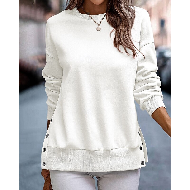 Women's Pullover Sweatshirt Sweatshirts Plain Streetwear Casual Long Sleeve Crew Neck Regular Tops Home Street Holiday Buttons Black White Light Blue Fall Winter2