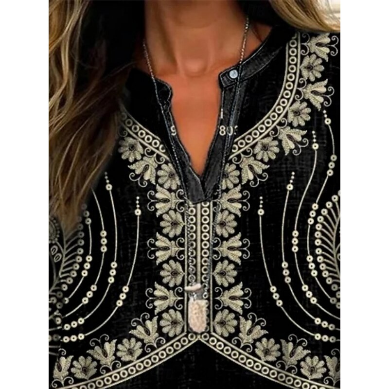 Women's Shirt Graphic Vintage Daily Casual Long Sleeve V Neck Regular Tops Daily Holiday Buttons Print Black Spring Fall3
