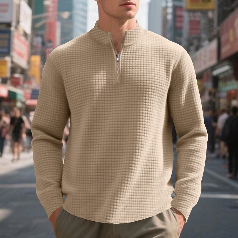 Men's Sweatshirt Waffle Sweatshirt Quarter Zip Sweatshirt Black White Wine Army Green Khaki Hooded Plain Zipper Textured Sports & Outdoor Casual Daily Streetwear Cool Sportswear Spring &  Fall