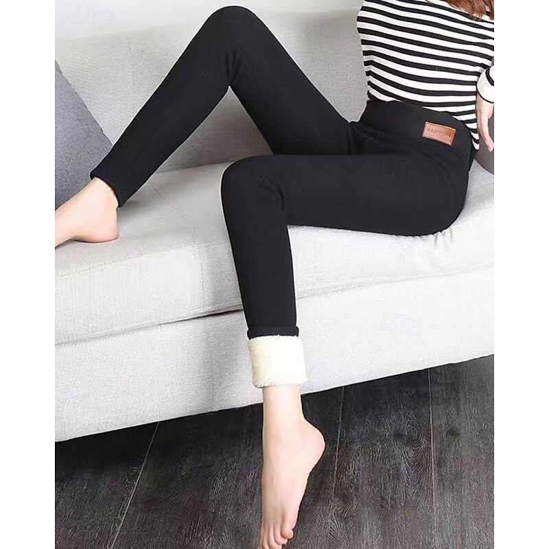 Women's Fleece Pants Slacks Leggings Casual Full Length Natural Plain Elastic Waist Comfy Vacation Holiday claret Black Dark Navy Sky Blue Winter Regular Fit2