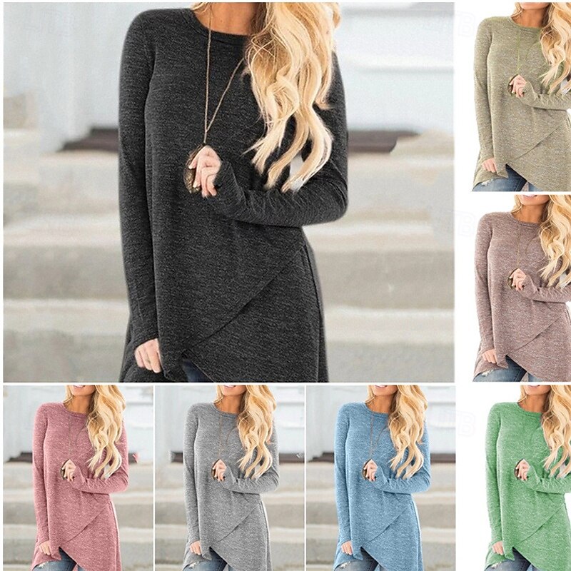 Women's Texture Blouse T Shirt Plain Fashion Modern Long Sleeve Crew Neck Regular Tops Daily Black Blue Gray Summer