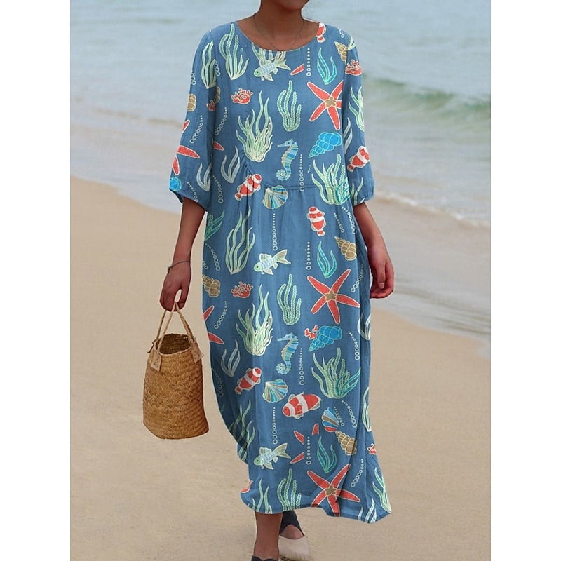 Women's Midi Dress Casual Dress Print Dress Fashion Modern Daily Beach Weekend Regular Fit Fish 3/4 Length Sleeve Crew Neck Yellow Red Blue Spring Fall Autumn