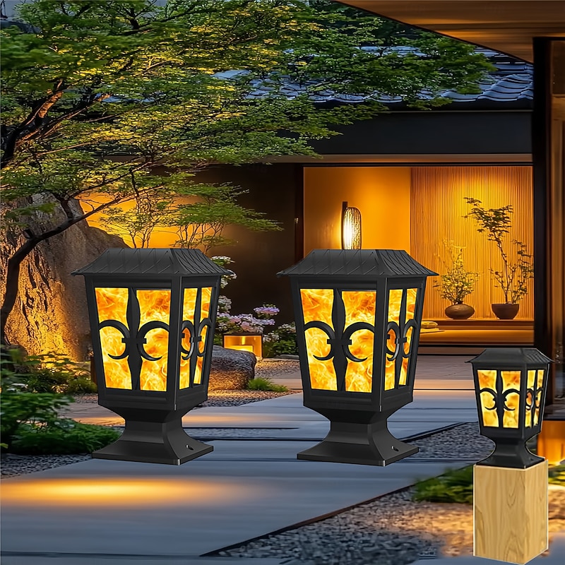 1pc Solar Post LightFlickering Flame Post Cap LED Lamp Solar Powered 2 Modes Waterproof Lighting for Outdoor Deck Fence 4X4 5X5 6X6 Post Top Pathway Garden Patio Yard Decoration