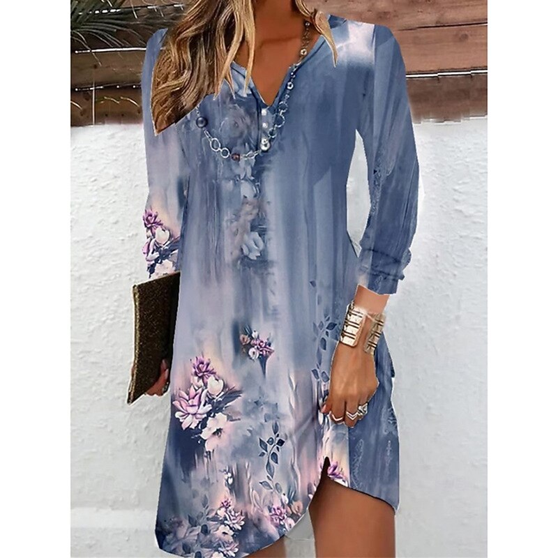 Women's Mini Dress Floral Dress Print Dress Fashion Modern Vacation Daily Going out Regular Fit Floral Long Sleeve V Neck Yellow Blue Purple Green Summer Spring3