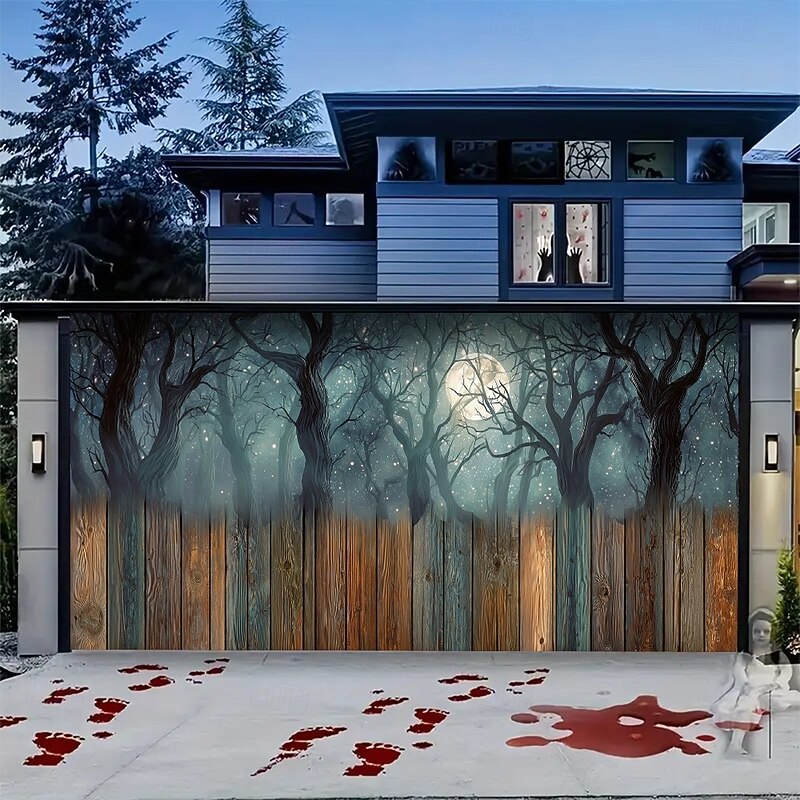 Halloween Garage Door Cover Haunted Forest Scene Banner, Large Tapestry Backdrop Decoration for Holiday Outdoor Garage Door and Home Wall, 2025 Halloween Decorations