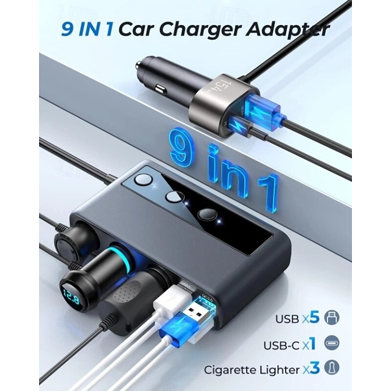 9 in 1 Cigarette Lighter Splitter, 210W Cigarette Lighter Adapter with PD/QC 3.0 * 2 Charge(3.3FT Cable), 12V/24V Independent Switches DC Cigarette Outlet Car Charger for All Car Devices3