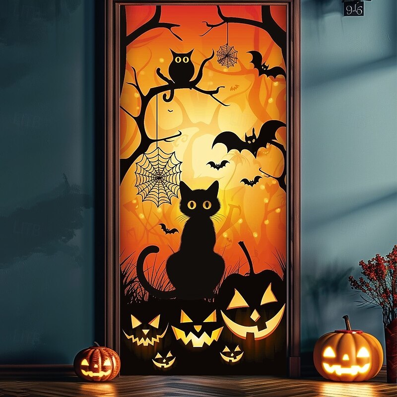 Halloween Door Cover – Black Cat with "Happy Halloween" Sign and Jack-O'-Lanterns, Haunted House Entrance Banner, Cute & Spooky Outdoor 2025 Halloween Decoration for Bedroom, Living Room, Bathroom4