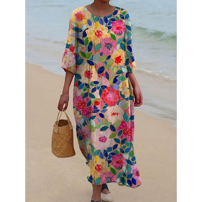 Women's Midi Dress Casual Dress Print Dress Fashion Modern Daily Beach Weekend Regular Fit Floral 3/4 Length Sleeve Crew Neck Blue Green Spring Fall Autumn
