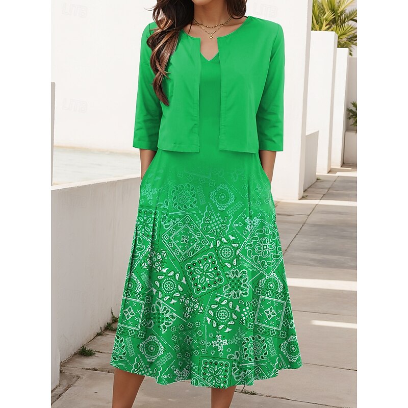Women's Two Piece Dress Sets Midi Dress with Jacket Elegant A Line Dress Half Sleeve Casual Semi Formal Ombre Geometric Print V Neck Date Light Green Red Blue Regular Fit4