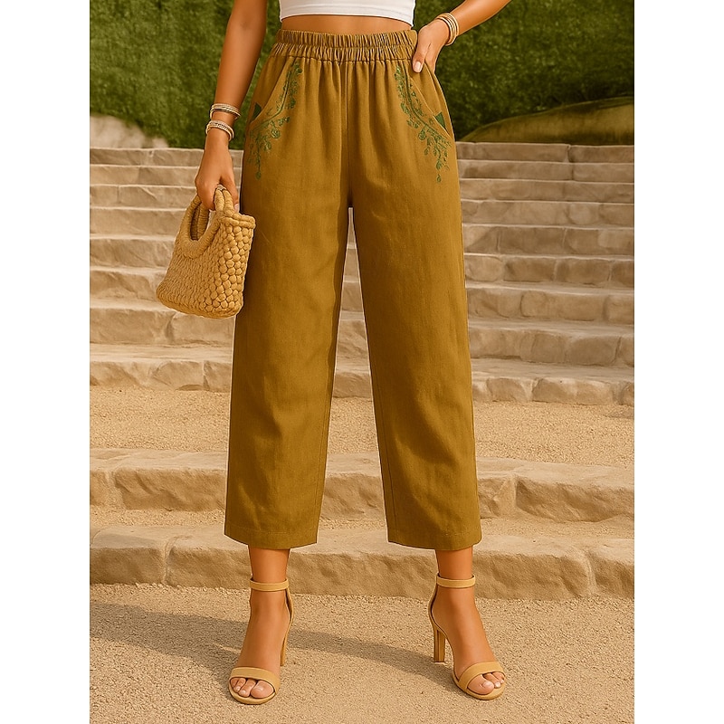 Women's Cotton Linen Pants Chinos Fashion Basic Full Length High Waist Floral Embroidered Comfort Outdoor Micro-elastic Vacation Street Daily White Yellow Apricot Coffee Summer Spring Fall Regular Fit3