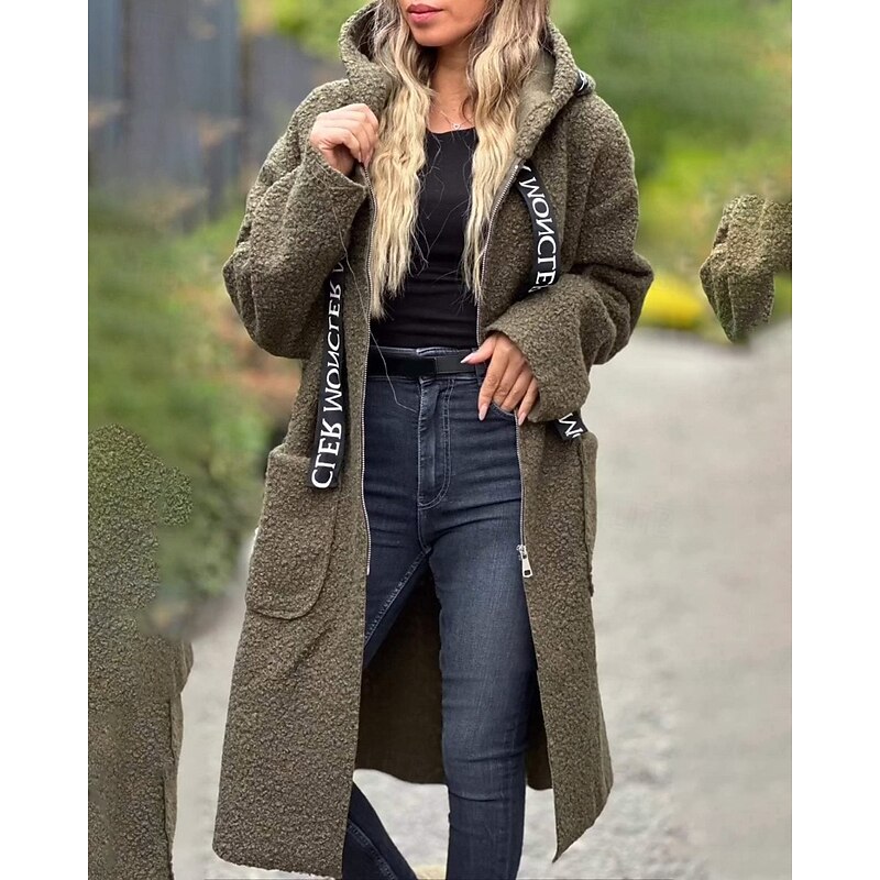 Women's Coat Warm Comfortable Pocket Fashion Letter Going out Weekend Zipper Long Hooded Regular Fit Long Sleeve Outerwear Rose Gold Black White Fall Winter2