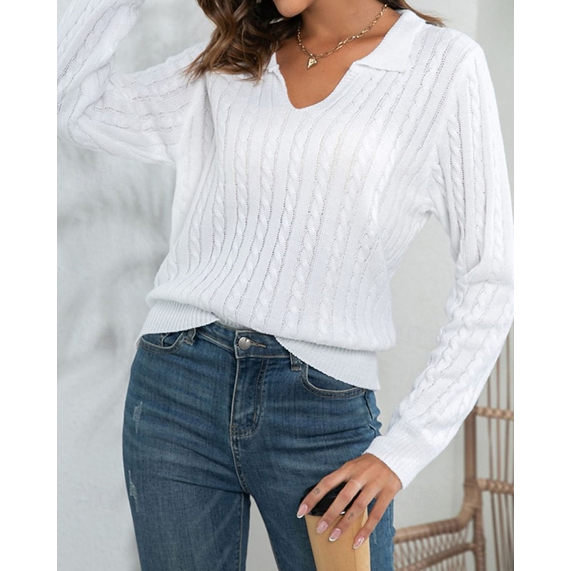 Women's Pullover Casual Solid Color Chunky V Neck Knitted Long Sleeve Regular Tops Knit Daily Holiday Going out White Army Green Fall Winter2