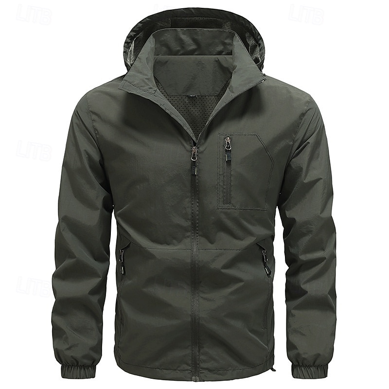 Men's Outdoor Jacket Windbreaker Rain Jacket Daily Going out Windproof Breathable Pocket Spring Fall Plain Fashion Classic Hooded Regular Black Khaki Army Green Jacket2