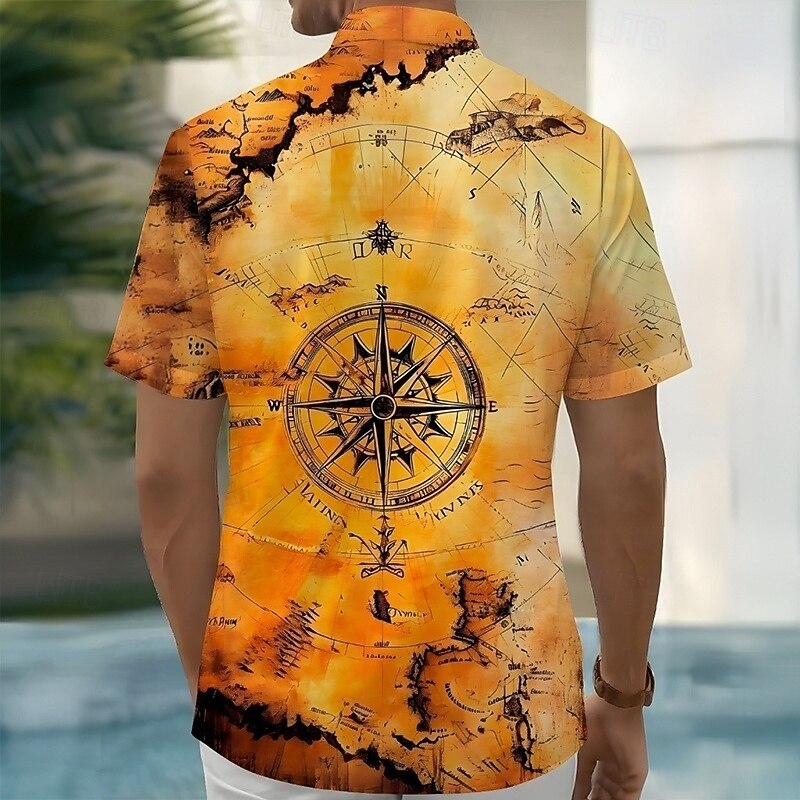 Men's Nautical Compass Shirt Summer Shirt Button Up Shirt Short Sleeve Vintage Retro Outdoor Vacation Dailywear Summer Spring Turndown 3D Print Collared Shirts Front One Pocket Orange2
