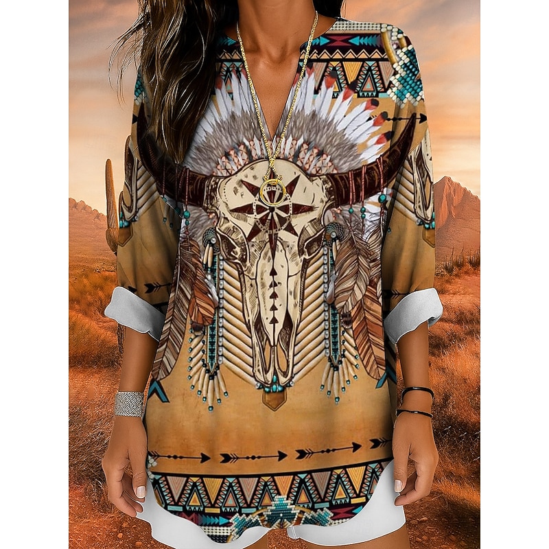 Women's Blouse Tunic V Neck Long Sleeve Boho Casual Tops Graphic Geometric Skull Bohemia Vintage Tropical Regular Tops Daily Wear Print Yellow Red Blue Purple Green