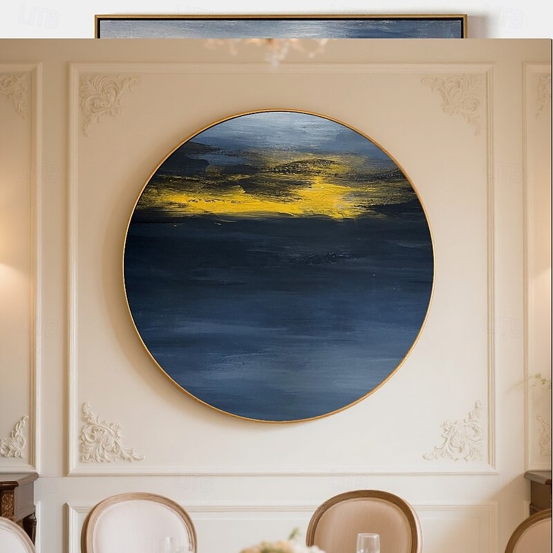 Handmade Circular Oceanic Canvas Deep Sapphire Blue Gradient Luminous Reflection Golden Horizon Contrast Abstract Sky And Sea Textured Paint Modern Calming Wall Art Minimalist Frame Gallery4