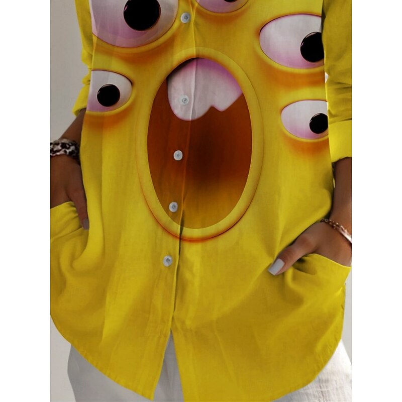 Women's Cartoon Funny Smile Face Shirt  Active Daily Stylish Long Sleeve Shirt Collar Regular Tops Daily Holiday Buttons Print Yellow Spring Fall3