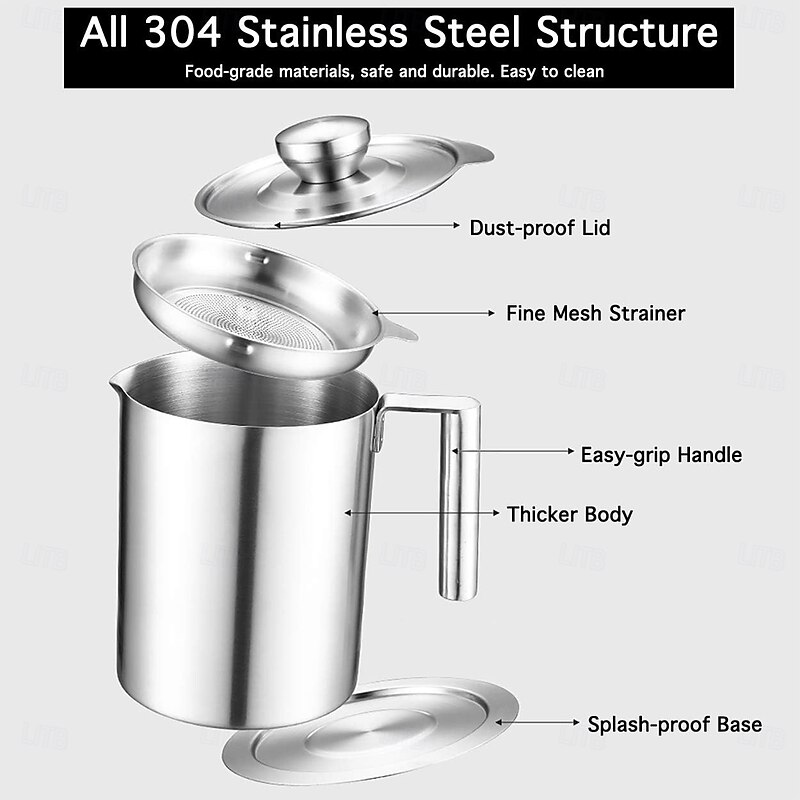 1.2 L/1.7L Stainless Steel Grease Strainer and Container - Large Oil Storage Pot Grease Keeper with Dust-Proof Lid & Easy Grip Handle - for Bacon, Kitchen Cooking or Frying Oil3