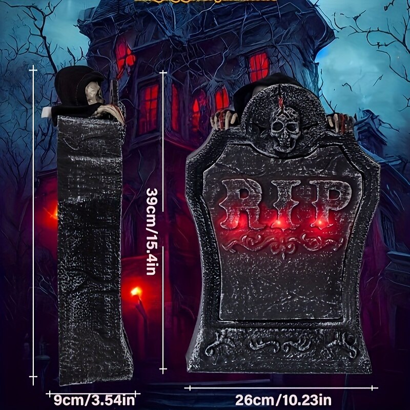 Spooky Halloween Cemetery Decor - Electric Grave Marker with Glowing Red Eyes & "RIP" Design, Battery-Powered Outdoor/Indoor Decoration for Haunted Houses, Bar & Garden, Cemetery Decorations, Bar3