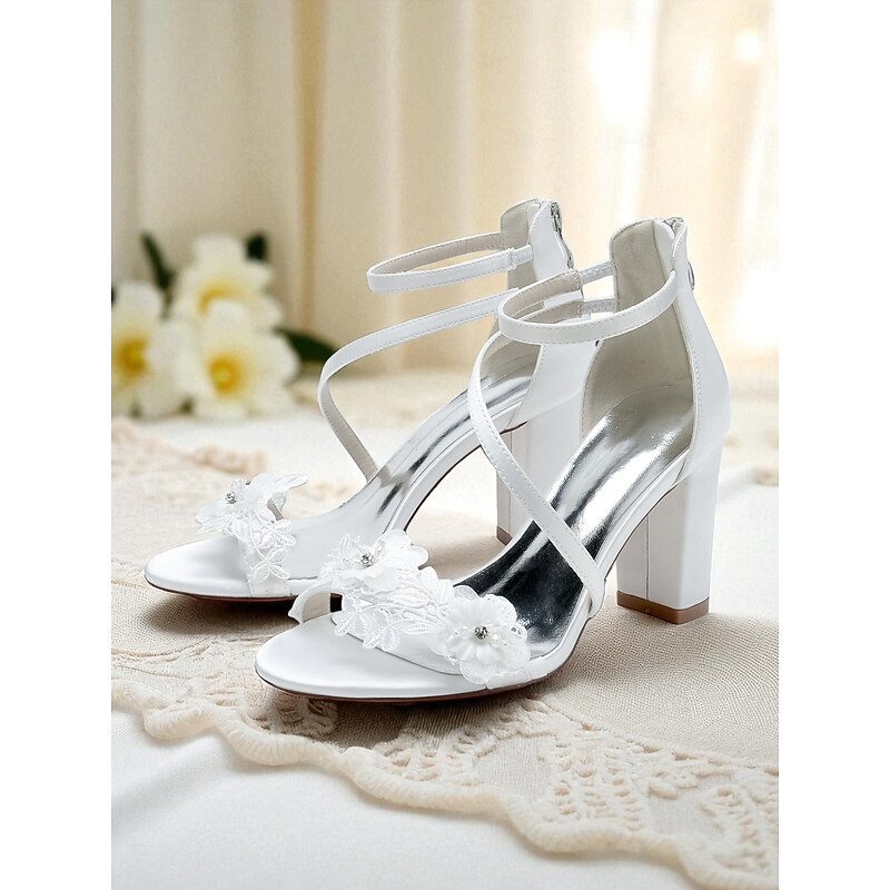 Women's White Bridal Block Heel Sandals - Elegant Open Toe Ankle Strap Heels with Lace Floral Embellishments, Perfect for Formal Weddings and Bridal Events2