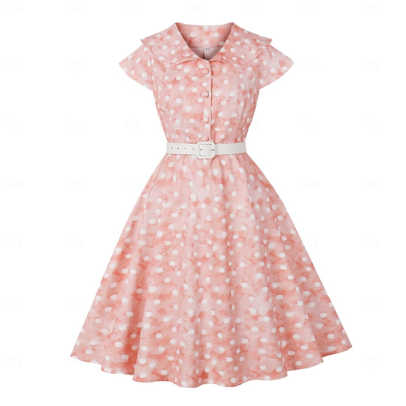 Retro Vintage 1950s Rockabilly Midi Swing Dress Flare Dress Shirt Dress With Belt Fit and Flare Polka Dot Fancy Dress Women's Masquerade Vacation Casual Retro Theme Party Adults Dress Belt Spring2