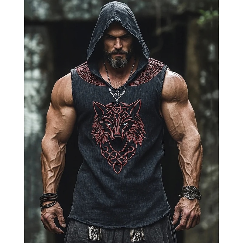 Men's Tank Top Vest Top Undershirt Sleeveless Shirt Sleeveless Hooded Summer Wolf Vintage Designer Basic Print Vacation Street Going out Black Blue Gray Top Tee for Men3