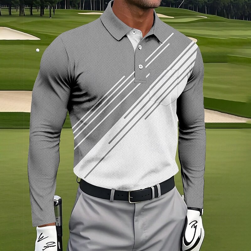 Men's Geometric Golf Polo Long Sleeve Polo Shirts Collared Shirts Sportswear Business Casual Athleisure Daily Wear Pocket 3D Print Buttons Spring Fall Black Red Navy Blue2