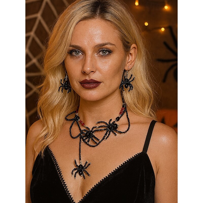 Women's Halloween Spider Beaded Necklace and Earrings Set – Gothic Black and Red Alloy Acrylic Jewelry, Creepy Cute Costume Accessories for Parties and Cosplay2
