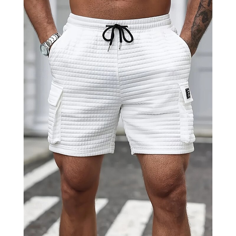 Men's Waffle Shorts Cargo Shorts Shorts Summer Shorts Casual Shorts Pocket Elastic Waist Drawstring Plain Comfort Breathable Short Outdoor Vacation Sport Casual Black White Micro-elastic3