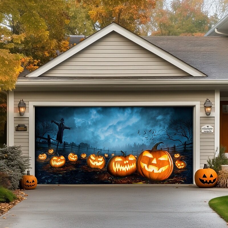 Halloween Garage Door Cover Banner Backdrop – Haunted Pumpkin Patch under Moonlight, Oversized Outdoor Decoration, Easy-Hang Design for 2025 Halloween Outdoor Decoration2
