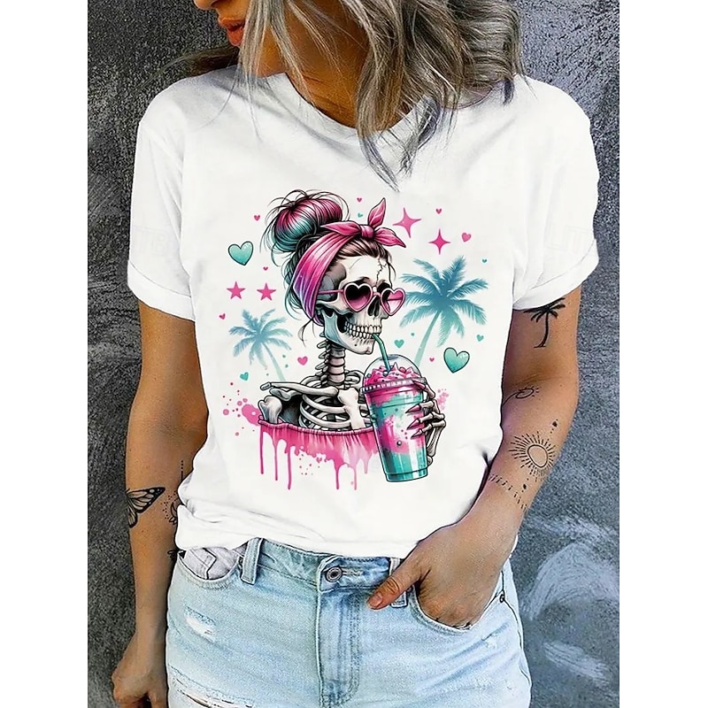 Halloween Women's T Shirt Skulls Cotton Shirt Graphic Vintage Stylish Classic Short Sleeve Round Neck Regular Tops Daily Print White Pink Dusty Rose Summer Spring