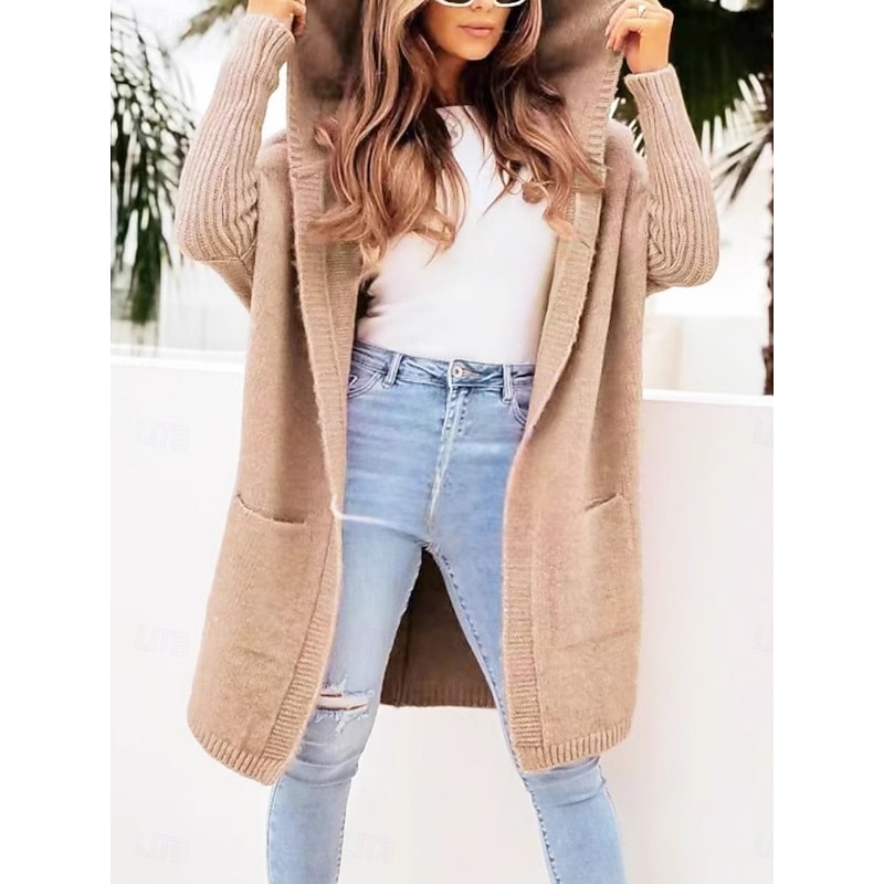 Women's Winter Coat Comfortable Breathable Pocket Fashion Daily Plain Outdoor Casual Daily Open Front Regular Hooded Regular Fit Long Sleeve Outerwear Khaki Spring Fall