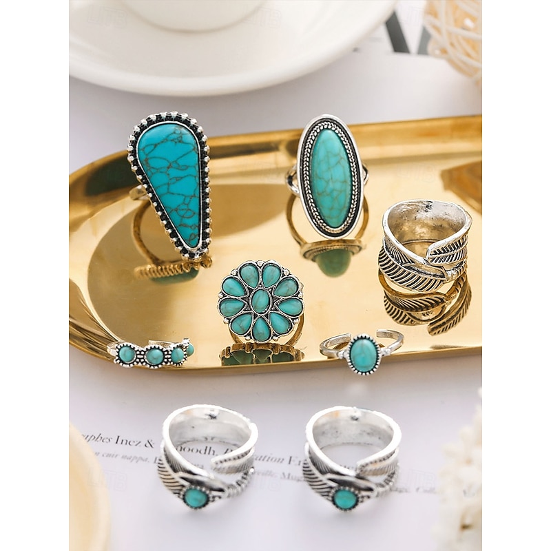 Women's Bohemian Turquoise Ring Set – Vintage Silver Plated Stackable Rings with Blue Stone Details for Parties, Festivals and Everyday Wear2