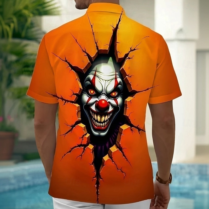 Men's Creepy Clown Joker Clown Shirt Summer Shirt Button Up Shirt Short Sleeve Dark Gothic Style Outdoor Vacation Dailywear Summer Spring Turndown 3D Print Collared Shirts Front One Pocket Orange2