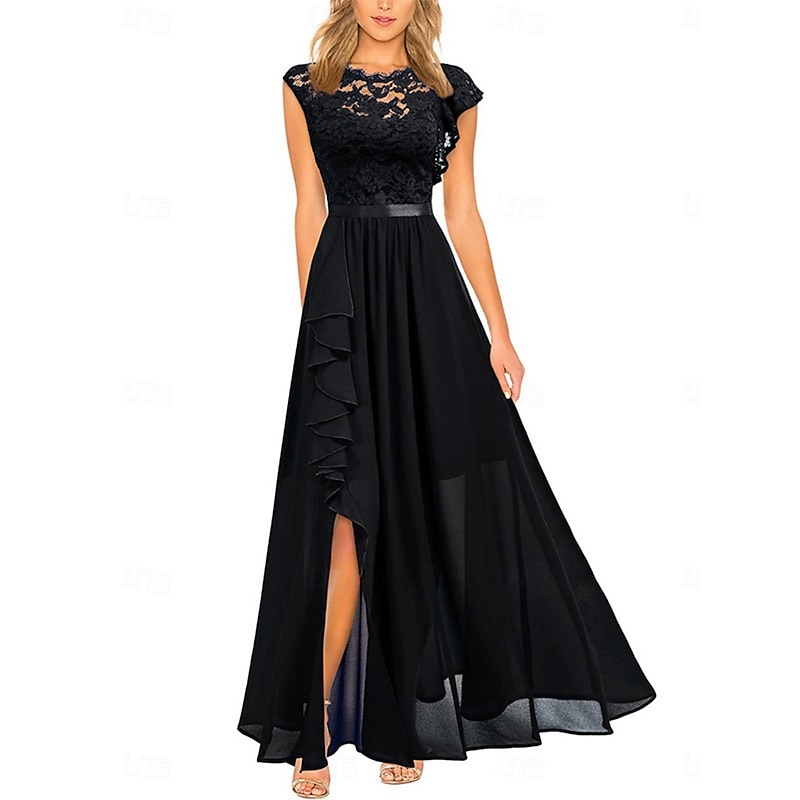 Women's Long Dress Maxi Dress Lace Dress Cocktail Dress Wedding Guest Dress Chiffon Elegant Fashion Modern Wedding Wedding Guest Evening Party Regular Fit Plain Short Sleeve Crew Neck Black Pink Wine