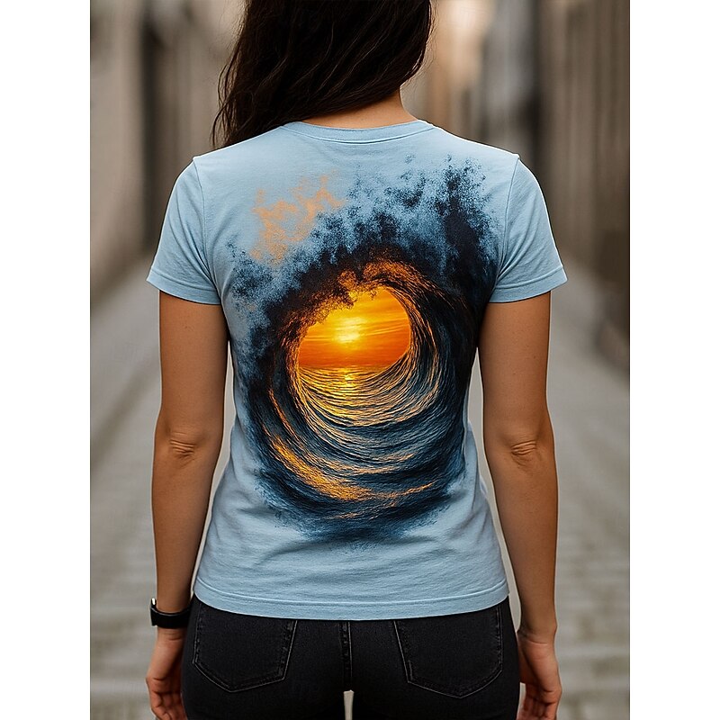 Women's T Shirt Ombre Graphic Ocean Vintage Stylish Classic Short Sleeve Crew Neck Round Neck Regular Tops Daily Weekend Print Blue Summer Spring2