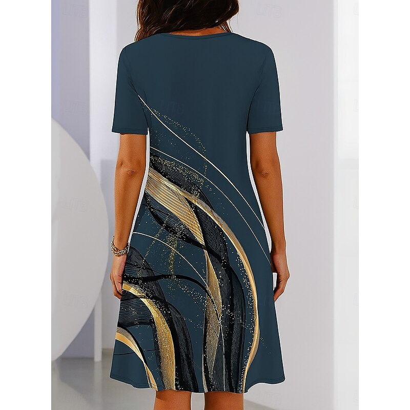 Women's Elegant Party Evening Midi Dress Crew Neck Short Sleeve Shift Dress A Line Dress Casual Boho Regular Fit Ombre Graphic Geometric Black Wine Blue Sky Blue2