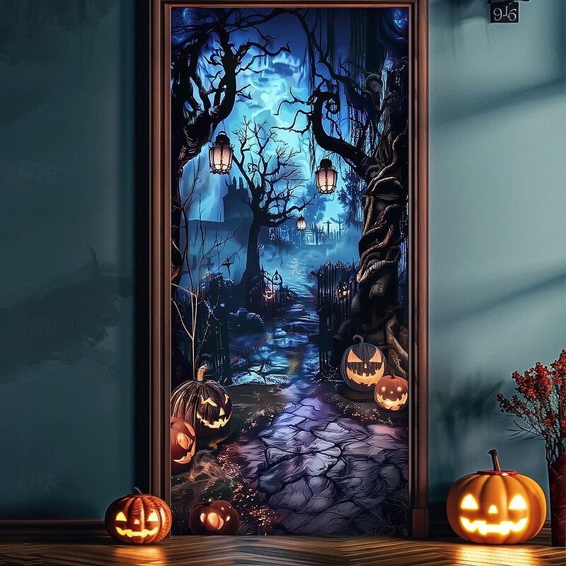 Halloween Door Cover – Haunted Castle by Moonlit Lake, Spooky Entrance Banner, Outdoor 2025 Halloween Decoration for Bedroom, Living Room, Bathroom4