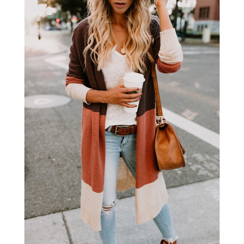 Women's Sweater Cardigan Fashion Streetwear Daily Color Block Ribbed Open Front Knitted Long Sleeve Long Tops Knit Holiday Going out Weekend Blue Orange Fall Winter